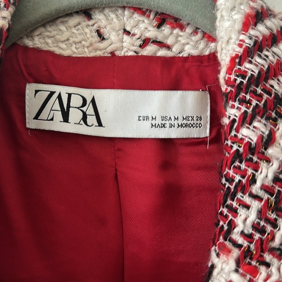 Zara Red, Cream, Black Blazer with Plaid Design and Gold Threading - Picture 4 of 6